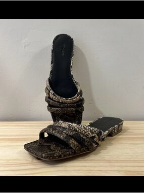 Vince Leather Snake-Print Slide Strap Sandals Shoes in Brown